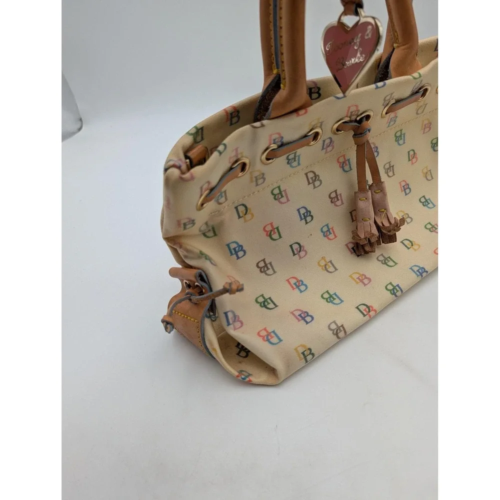 Vintage Dooney & Bourke Satchel Bag Womens Medium Beige Canvas Leather Bee Print